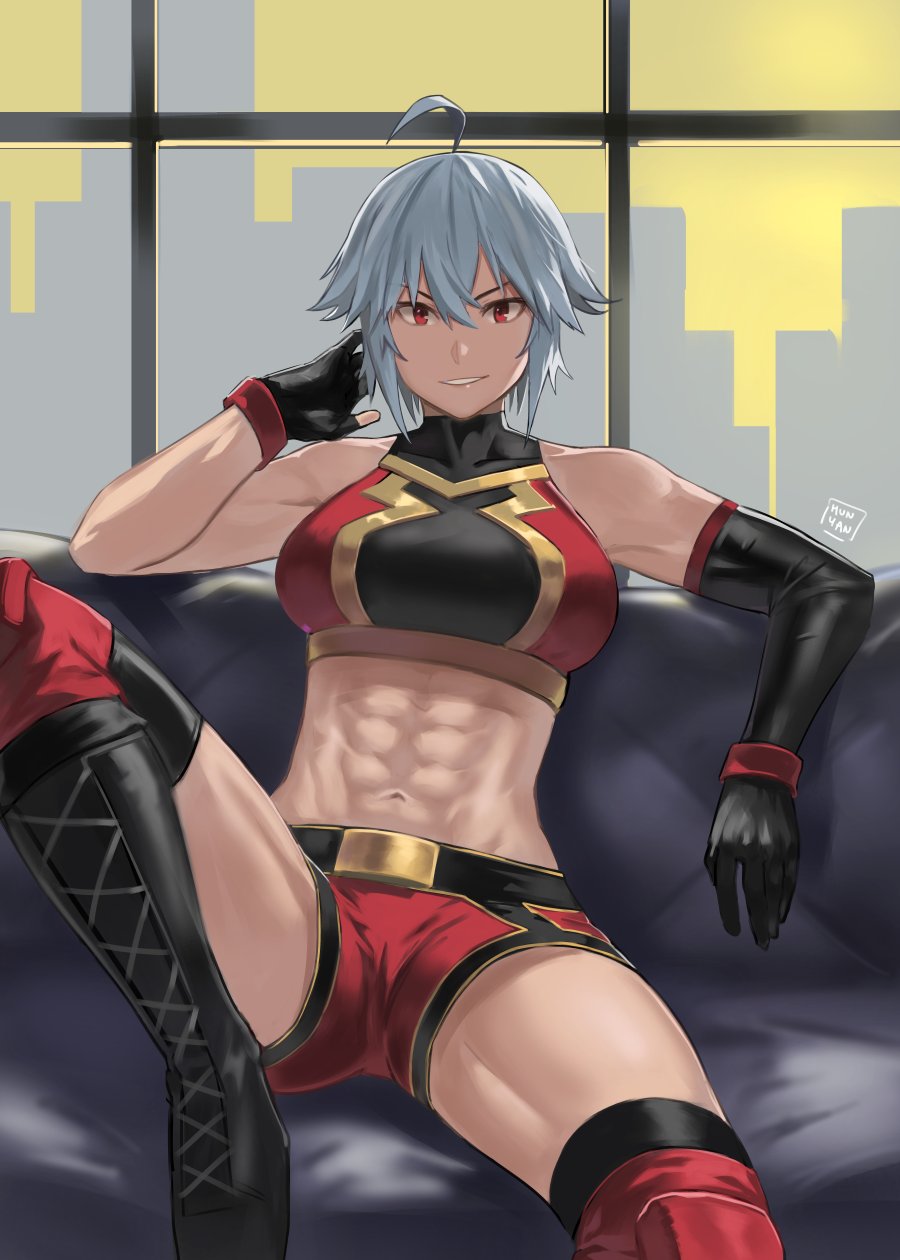 1girl, abs, ahoge, breasts, city, couch, dana_zane, gloves, grin, highres, hun_yan, looking_at_viewer, muscular, muscular_female, red_eyes, short_hair, sitting, smile, solo, thighs, toned, va-11_hall-a, white_hair, window, wrestling_outfit