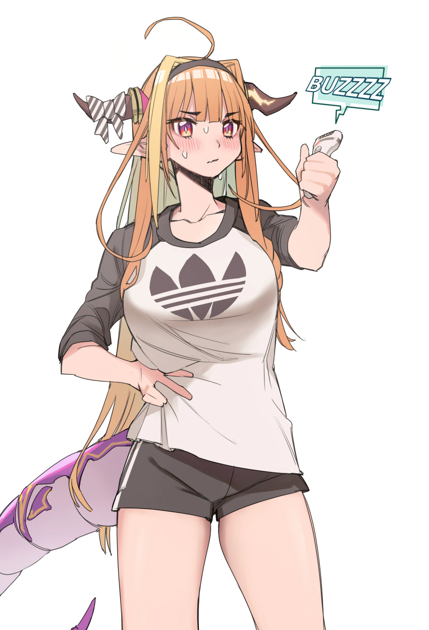 1girl, absurdres, adidas, ahoge, alternate_costume, bangs, black_hairband, black_shorts