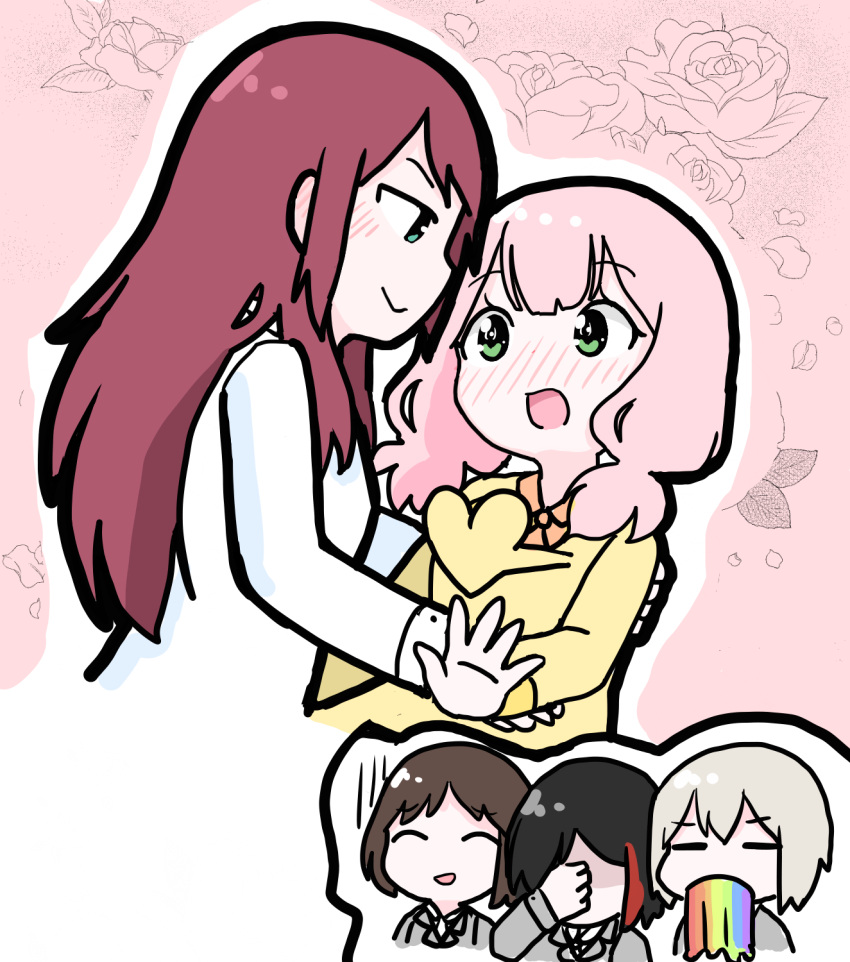 5girls, aoba_moca, arm_around_back, bang_dream!, black_hair, blush, brown_hair, chibi, comedy, facepalm, floral_background, green_eyes, grey_hair, hazawa_tsugumi, heart_out_of_chest, highres, long_hair, low_twintails, mitake_ran, multicolored_hair, multiple_girls, open_mouth, pink_hair, rainbow, redhead, redhorsemato, short_hair, streaked_hair, twintails, udagawa_tomoe, uehara_himari, vomiting, yuri