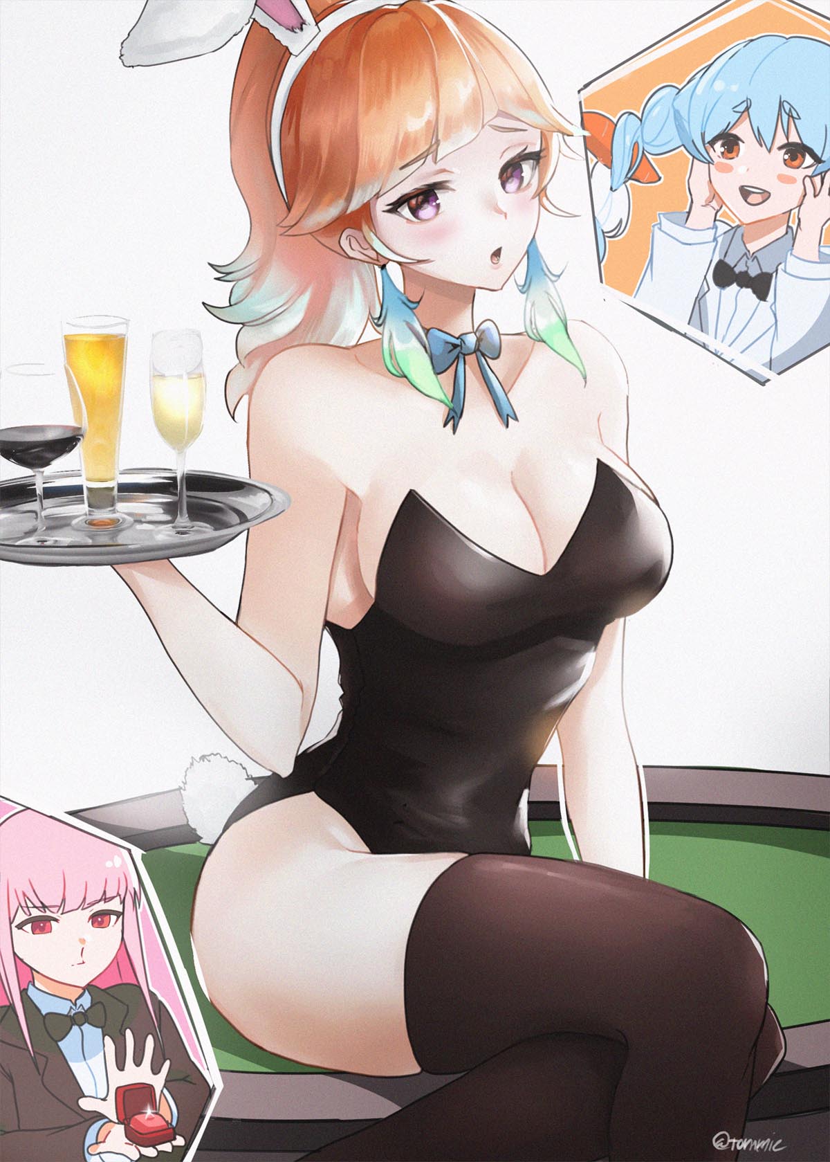 3girls, alcohol, animal_ears, beer, black_legwear, black_leotard, blue_hair, blue_neckwear