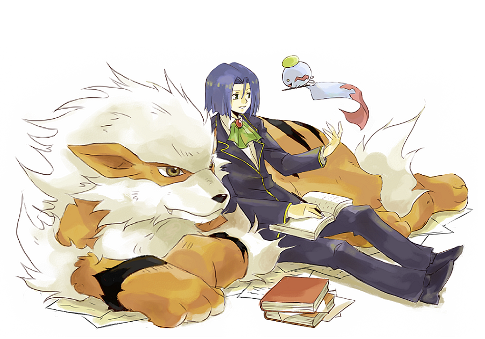 1boy, alternate_costume, arcanine, blue_hair, book, chimecho, cravat, kojirou_(pokemon)