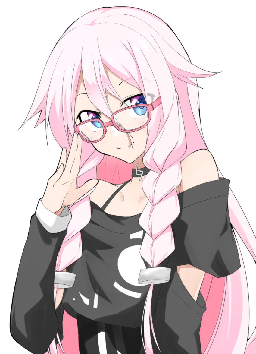 1girl, adjusting_eyewear, bare_shoulders, bespectacled, black_shirt, blue_eyes, cevio, choker