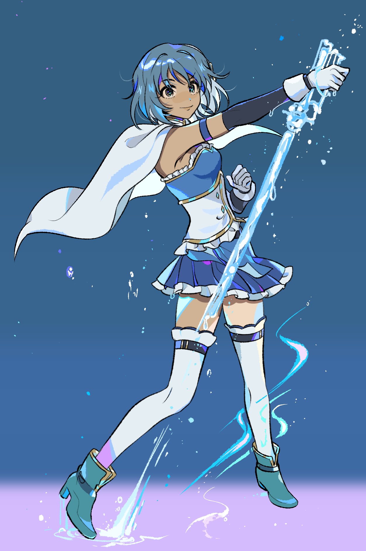1girl, ankle_boots, aqua_footwear, arm_up, belt, blue_background, blue_hair, blue_skirt
