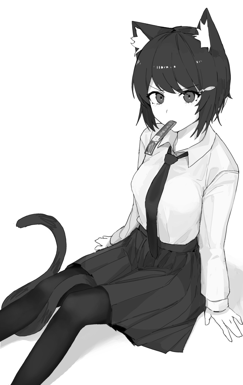 1girl, absurdres, animal_ear_fluff, animal_ears, arm_support, bangs, black_hair, black_legwear