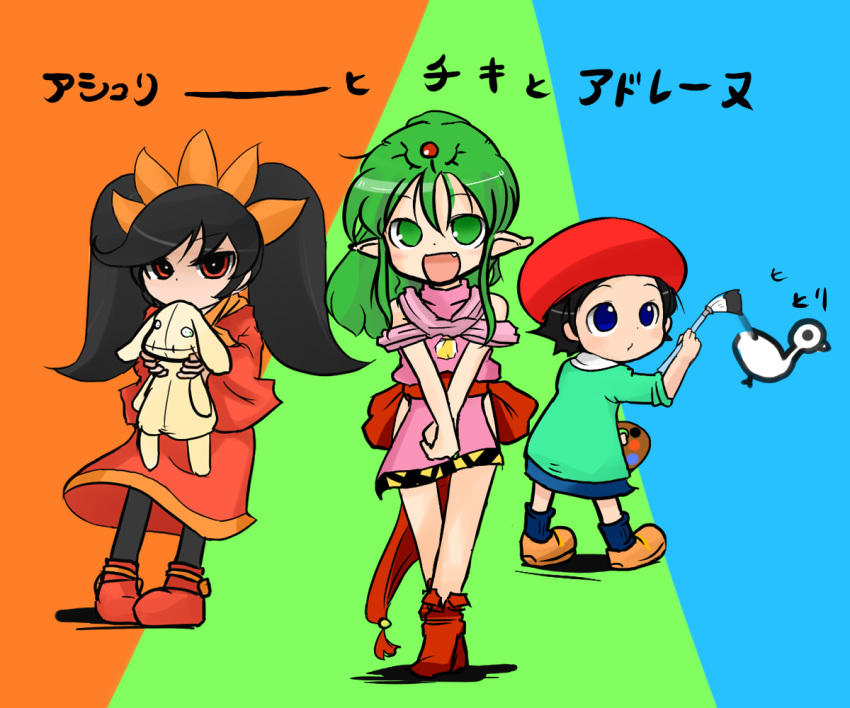 3girls, adeleine, artist_request, ashley_(warioware), bird, black_hair, blue, blue_eyes