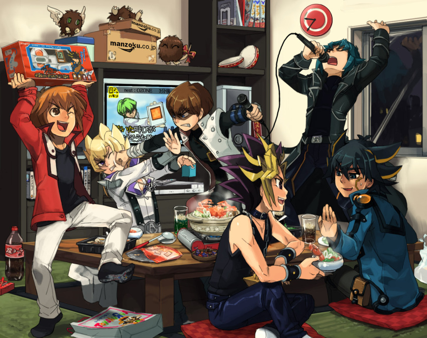 arms_up, black_hair, blonde_hair, blue_eyes, brand_name_imitation, brown_eyes, brown_hair, card_pendant