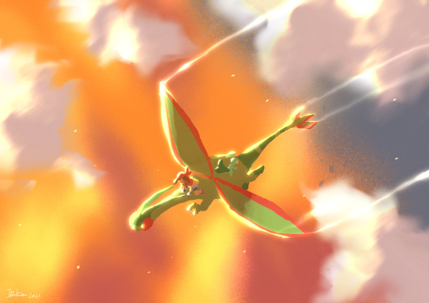 1girl, above_clouds, bike_shorts, clouds, commentary, flygon, from_above, gen_3_pokemon