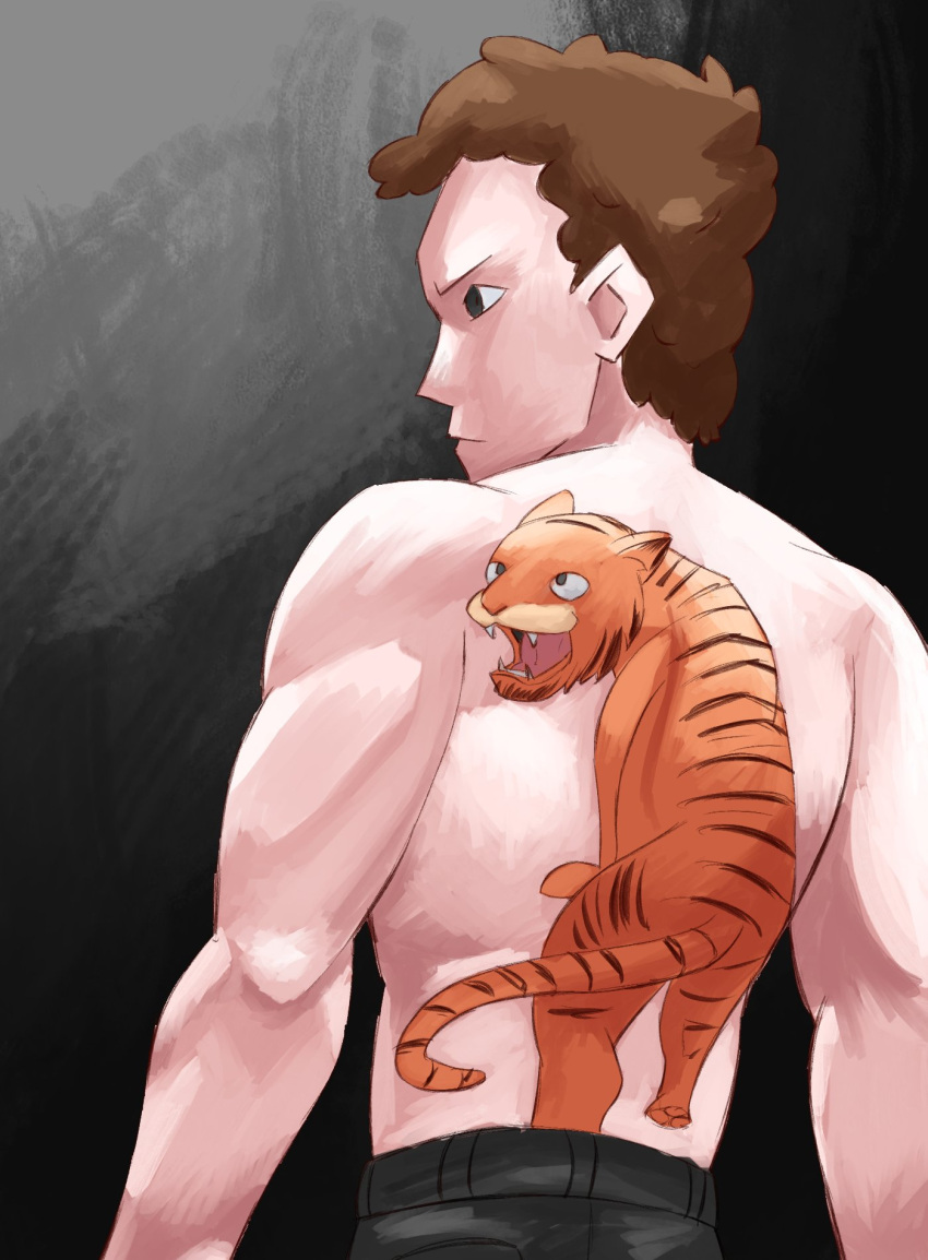 1boy, arktoons, back_tattoo, black_eyes, black_pants, brown_hair, cat, crossover