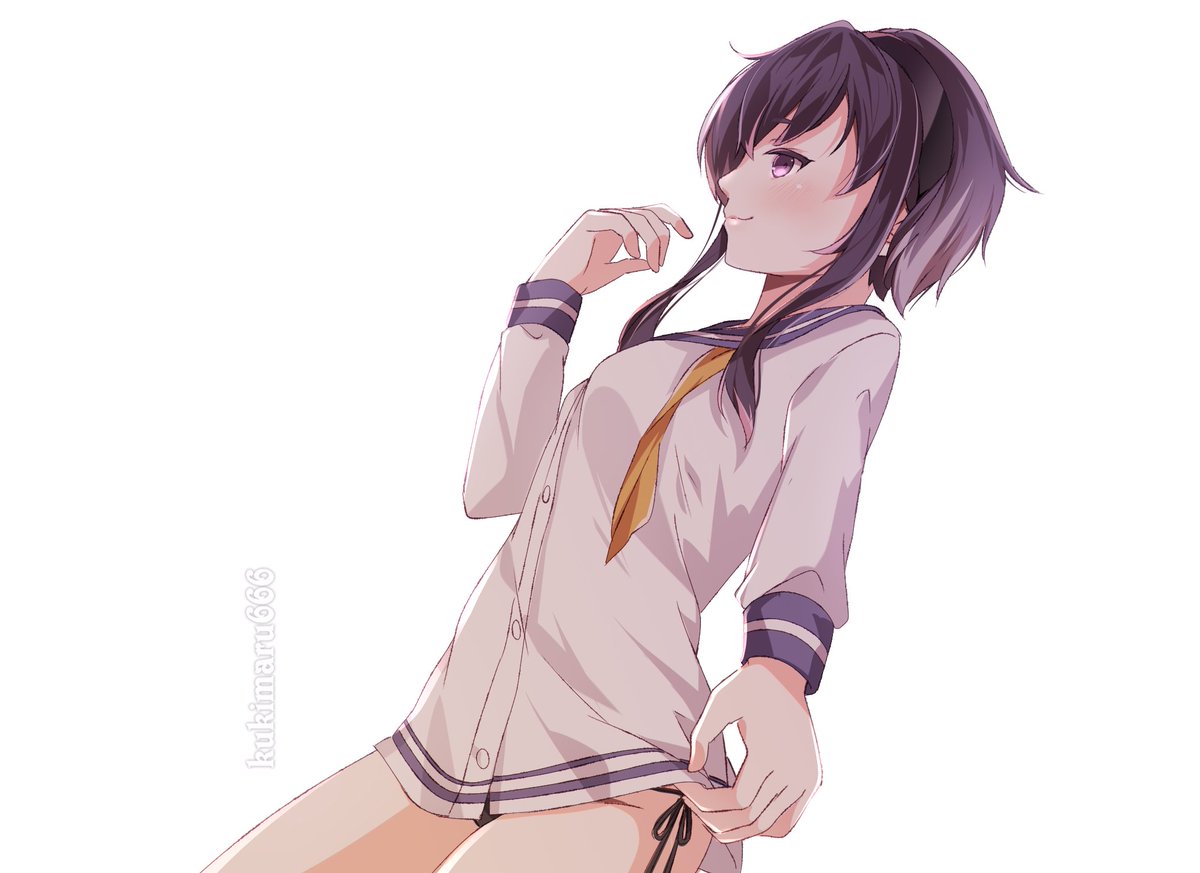 1girl, alternate_underwear, bare_legs, black_hair, black_panties, blush, breasts, eyebrows_behind_hair, gradient_hair, grey_hair, hair_between_eyes, kantai_collection, kukimaru, lips, long_sleeves, looking_at_another, multicolored_hair, no_legwear, panties, shirt, short_hair, short_hair_with_long_locks, side-tie_panties, sidelocks, simple_background, small_breasts, solo, striped, striped_panties, tokitsukaze_(kantai_collection), twitter_username, underwear, violet_eyes, white_background, white_shirt, yellow_neckwear