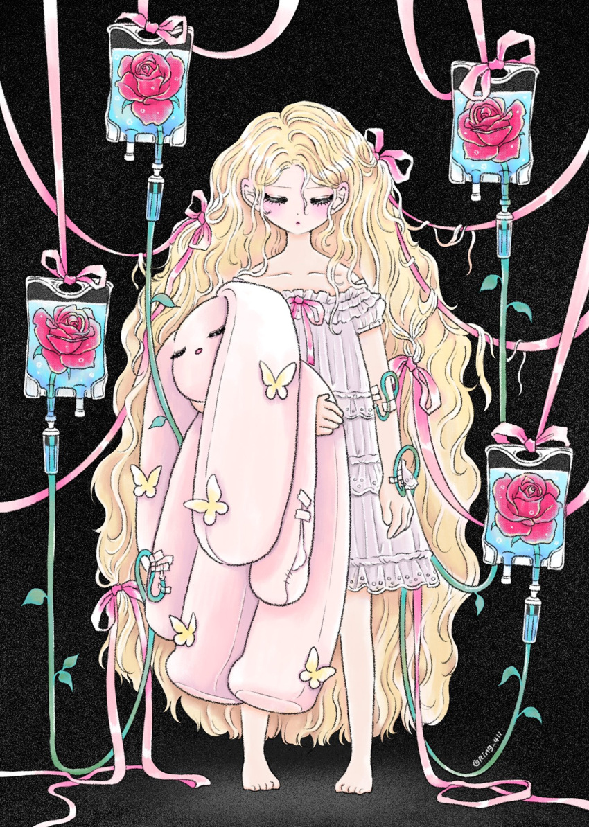 bare_legs, bare_shoulders, barefoot, black_background, blonde_hair, blush, bug, butterfly