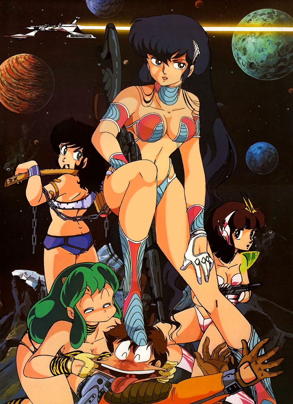 1980s_(style), 1girl, 4girls, armlet, benten, black_hair, boots, brown_hair