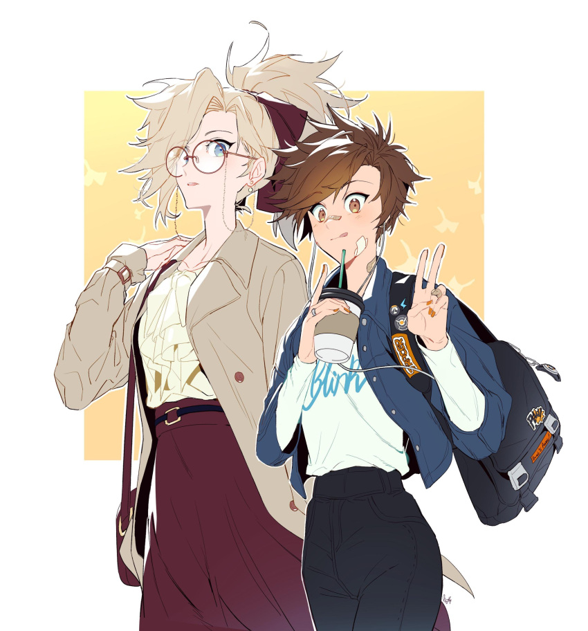 2girls, :q, absurdres, alternate_costume, backpack, bag, bandaid, bandaid_on_cheek