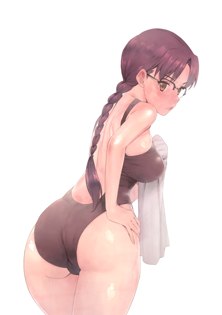 1girl, ass, bakushiishi_at, bangs, bare_arms, bare_back, bare_shoulders, black-framed_eyewear, black_swimsuit, blush, braid, breasts, casual_one-piece_swimsuit, commentary_request, cowboy_shot, eyebrows_visible_through_hair, from_behind, glasses, hand_on_hip, holding, holding_towel, hoshina_tomoko, large_breasts, leaning_forward, long_hair, looking_at_viewer, looking_back, mole, mole_under_mouth, one-piece_swimsuit, over-rim_eyewear, parted_bangs, purple_hair, semi-rimless_eyewear, shiny, shiny_skin, simple_background, single_braid, solo, swimsuit, to_heart, towel, white_background