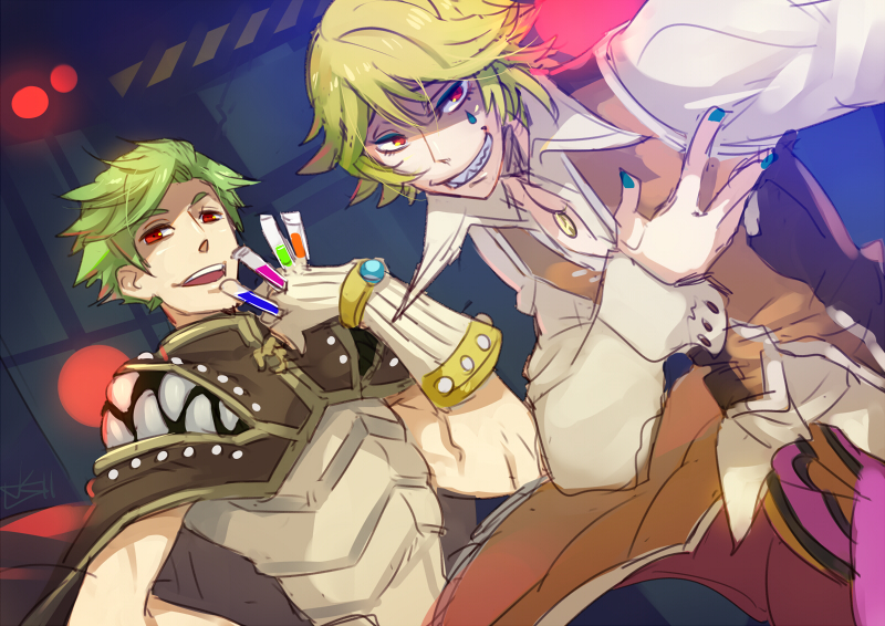 2boys, alphoccio_basil, armor, bangs, bio_lab, blonde_hair, breastplate, brown_cape