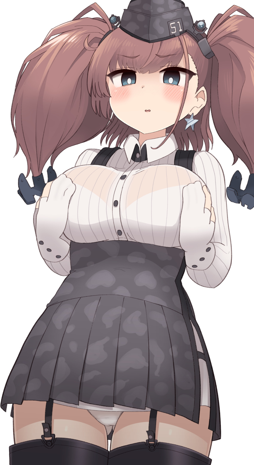 1girl, anchor_hair_ornament, atlanta_(kantai_collection), bangs, black_headwear, blue_eyes, blush, breasts, brown_hair, earrings, eyebrows_visible_through_hair, garrison_cap, garter_straps, gloves, hair_ornament, hands_over_breasts, hat, headgear, high-waist_skirt, highres, jewelry, kantai_collection, large_breasts, long_hair, long_sleeves, open_mouth, panties, partially_fingerless_gloves, see-through, shirt, simoyuki, simple_background, skirt, solo, star_(symbol), star_earrings, suspender_skirt, suspenders, two_side_up, underwear, white_background, white_gloves, white_panties, white_shirt