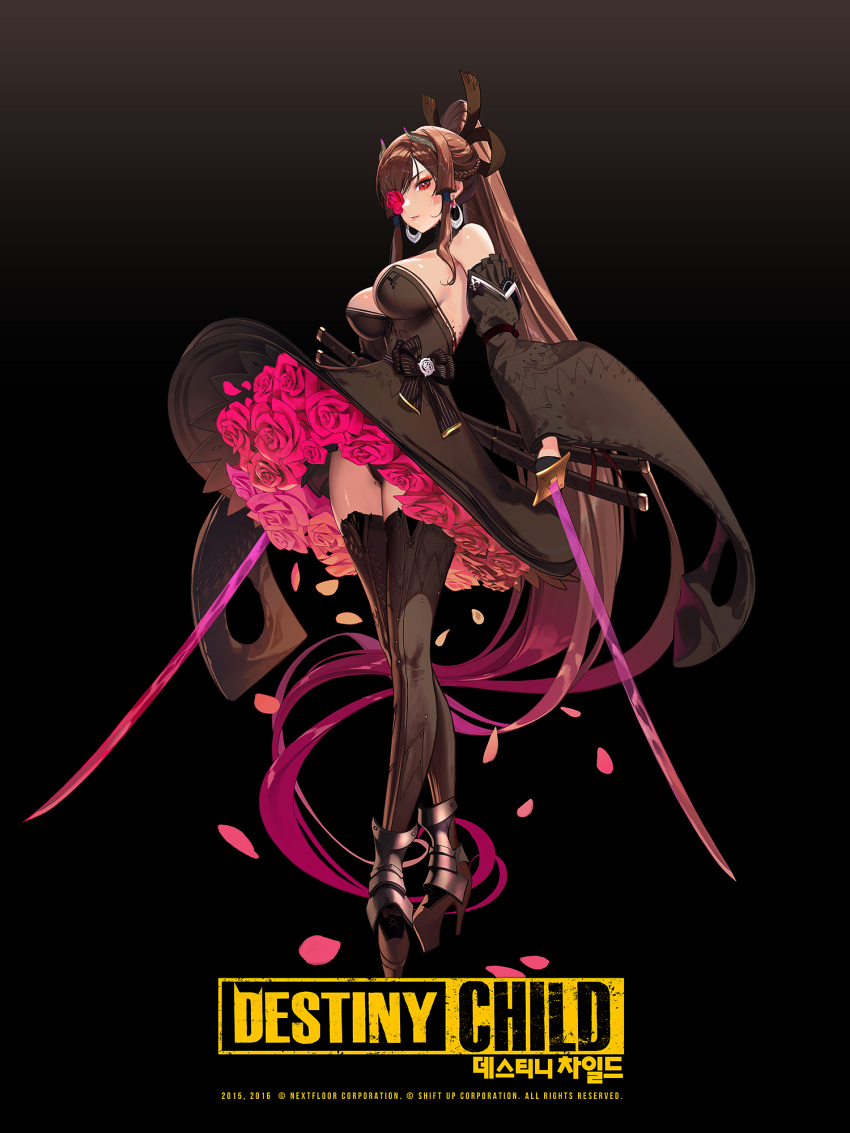 1girl, absurdly_long_hair, bare_shoulders, black_dress, bow, breasts, copyright_name, destiny_child