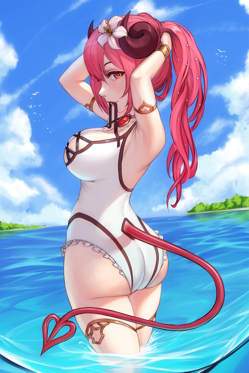 1girl, adjusting_hair, armpits, arms_up, ass, ava_(ava31), bangs, blue_sky