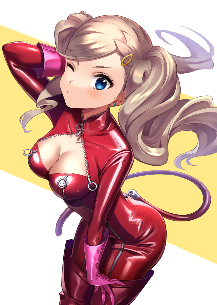 1girl, blonde_hair, blue_eyes, bodysuit, boots, cat_tail, catsuit, gloves