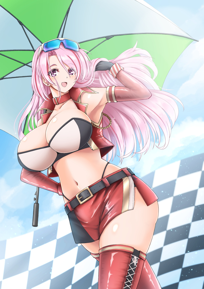 1girl, :d, alternate_costume, belt, belt_buckle, black_belt, black_gloves, blush