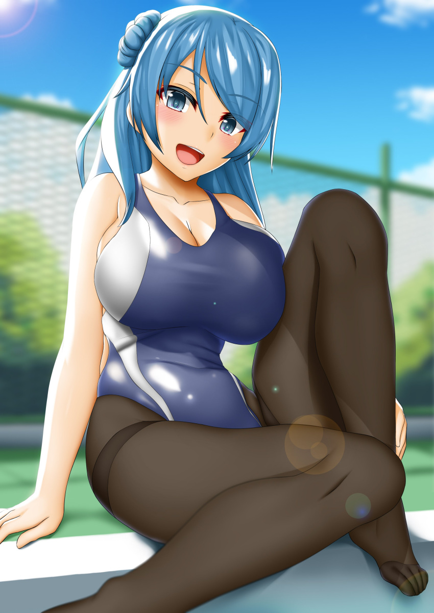 1girl, absurdres, abukobato, black_legwear, blue_eyes, blue_hair, blue_sky, blue_swimsuit