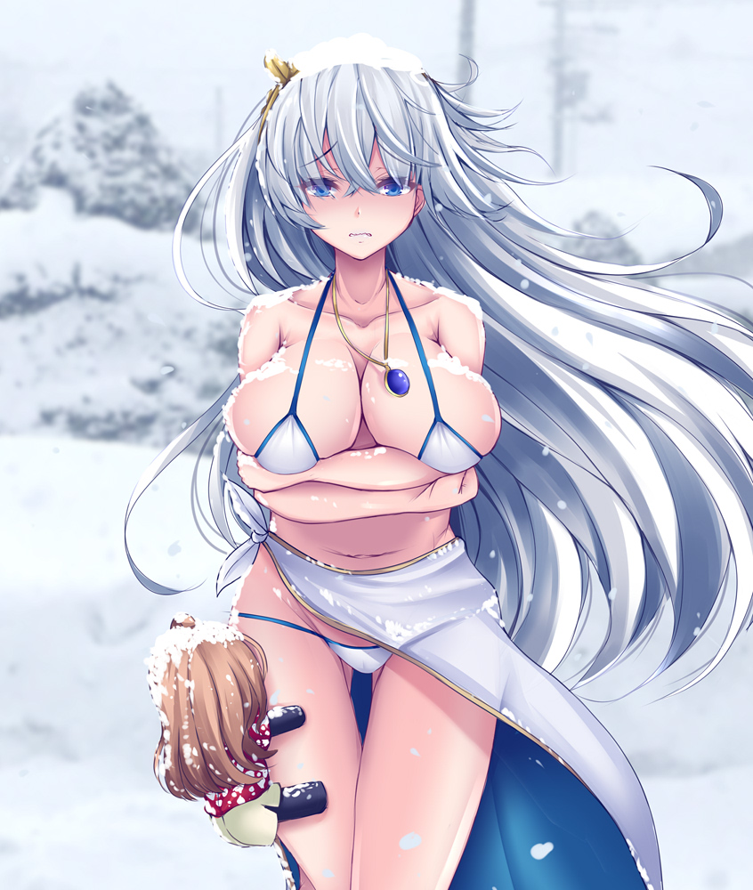 1girl, anastasia_(fate), bikini, blue_eyes, breasts, clinging, cold, doll, fate/grand_order, fate_(series), jewelry, koza900, large_breasts, long_hair, navel, pendant, sarong, silver_hair, snow, snow_on_body, snow_on_head, swimsuit, thigh_gap, wavy_mouth
