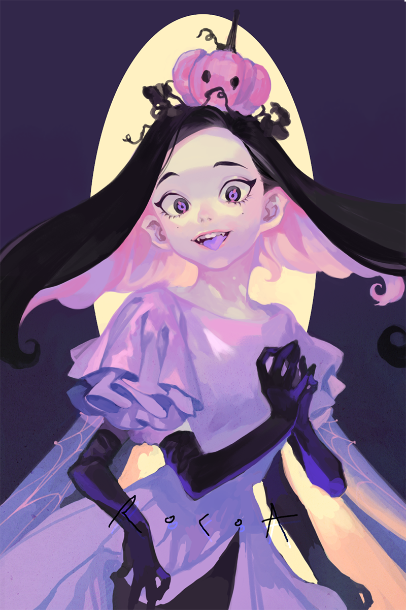 1girl, :d, artist_name, black_gloves, black_hair, colored_inner_hair, commentary, dress