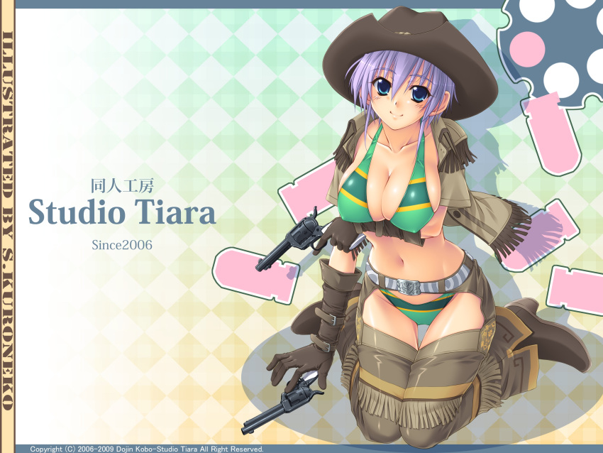bikini, blue_eyes, blue_hair, boots, breasts, cleavage, cowboy_hat, dual_wielding