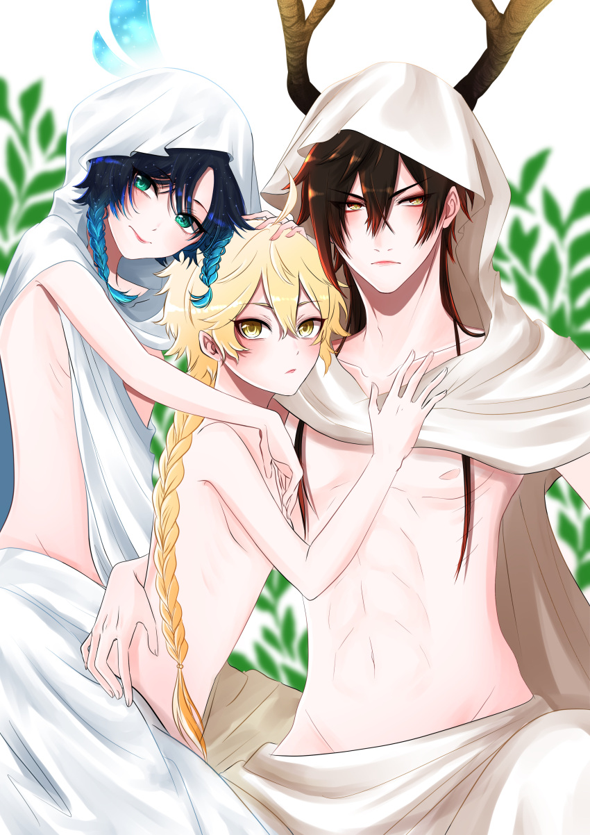 3boys, absurdres, aether_(genshin_impact), ahoge, bangs, black_hair, blonde_hair, blue_hair