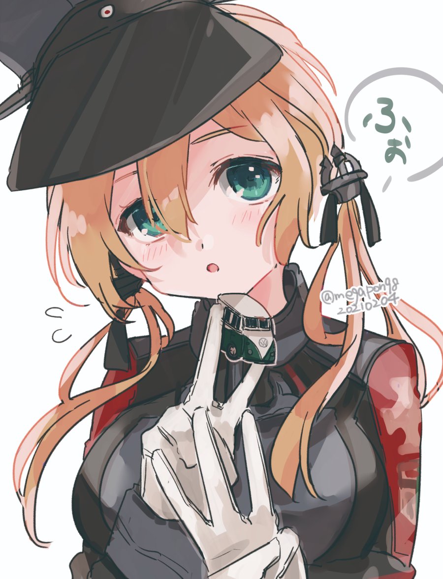 1girl, aqua_eyes, blonde_hair, blush, breasts, dated, flying_sweatdrops, gloves