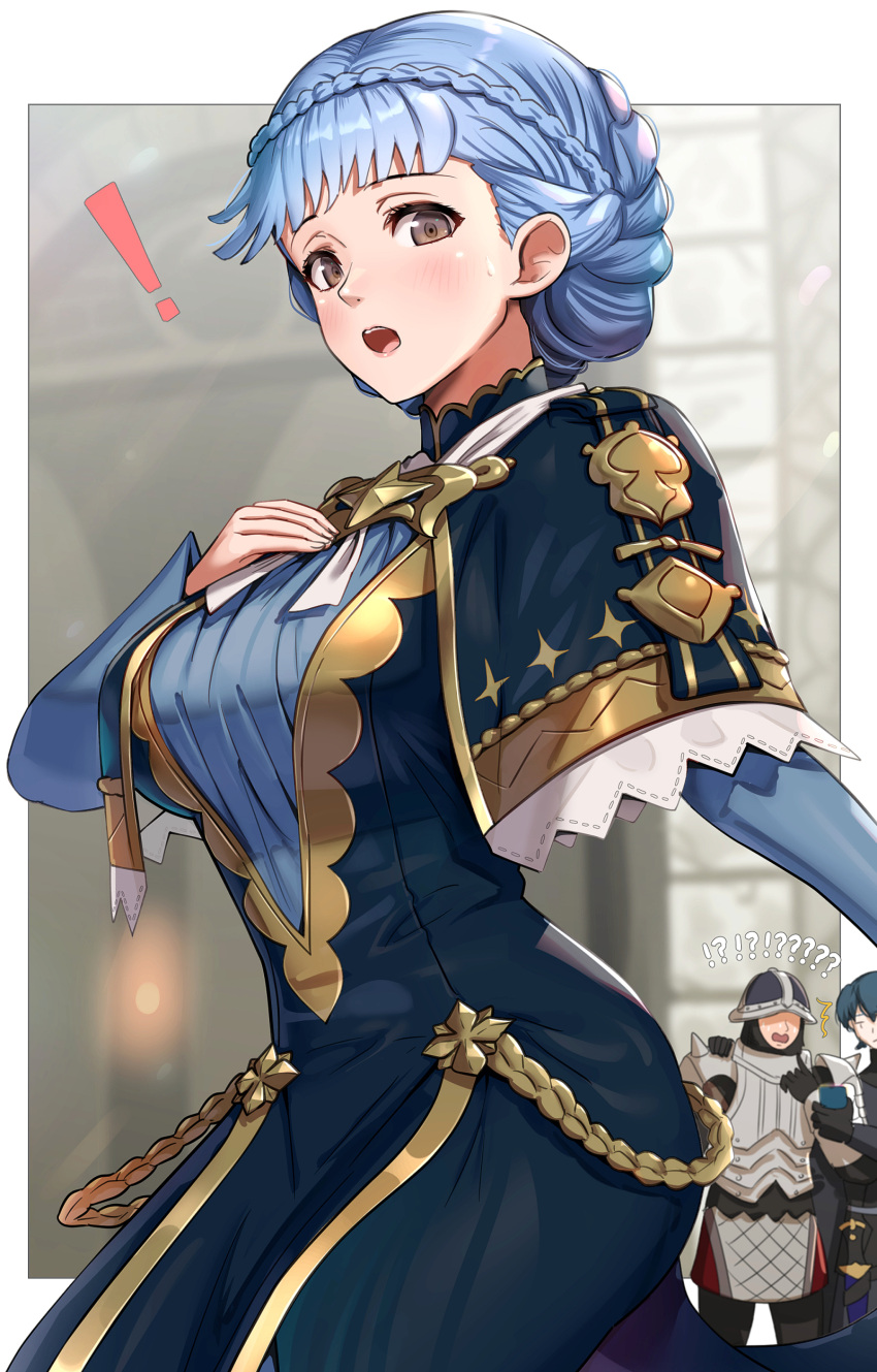 1girl, 2boys, absurdres, armor, ass, blue_hair, blush, braid, breasts, byleth_(fire_emblem), byleth_eisner_(male), crown_braid, dress, fire_emblem, fire_emblem:_three_houses, fire_emblem_heroes, gatekeeper_(fire_emblem), gonzarez, highres, long_hair, long_sleeves, looking_at_viewer, marianne_von_edmund, multiple_boys, open_mouth, simple_background, solo