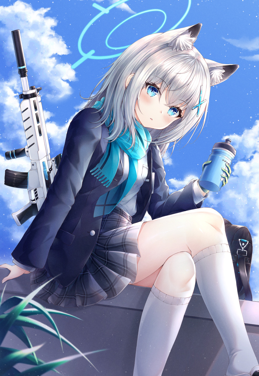 1girl, absurdres, animal_ear_fluff, animal_ears, assault_rifle, bag, black_jacket, black_skirt