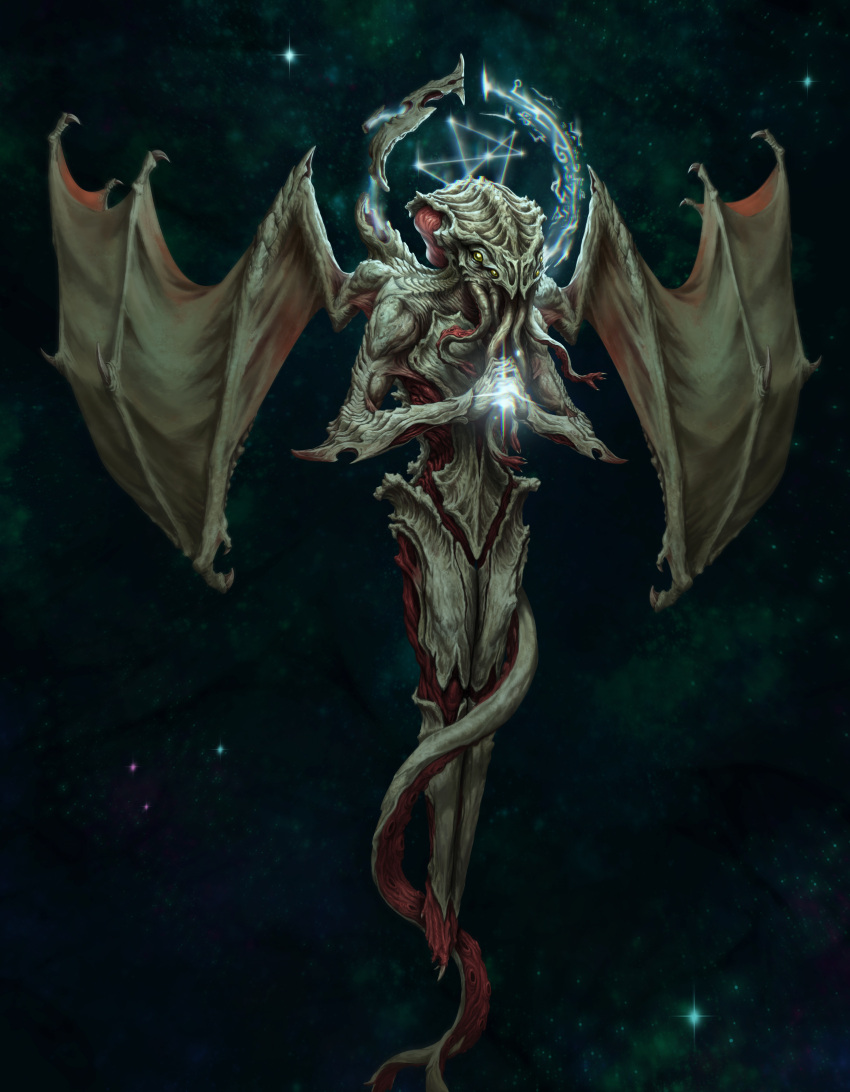 absurdres, cthulhu, cthulhu_mythos, dragon_wings, halo, highres, horror_(theme), monster, no_humans, own_hands_together, plutus, solo, space, spread_wings, star_(sky), tail, tentacles, wings
