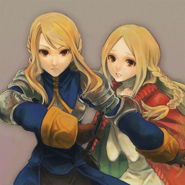 agrias_oaks, armor, blonde_hair, braid, brown_eyes, cape, dress, female