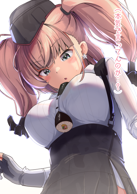1girl, anchor_hair_ornament, atlanta_(kantai_collection), between_breasts, black_headwear, black_skirt, breasts, brown_hair