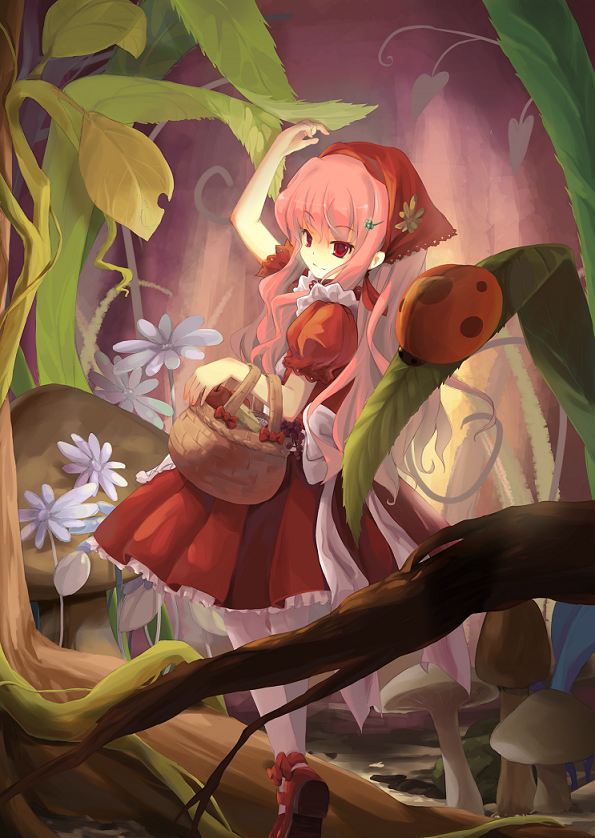 arm_up, basket, bow, colored_eyelashes, cosplay, dress, eyelashes, flower