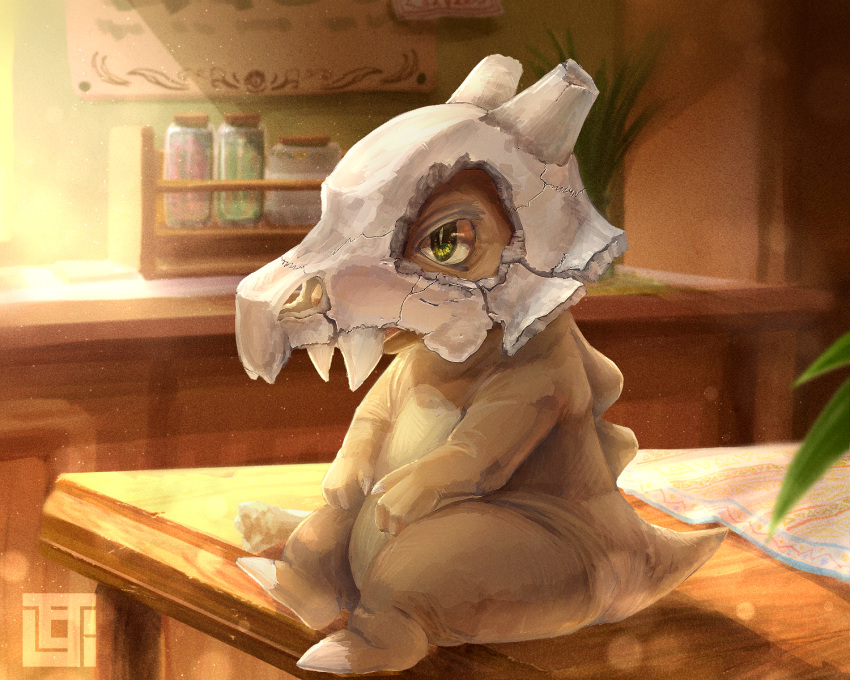 commentary_request, creature, cubone, from_side, gen_1_pokemon, green_eyes, highres, indoors