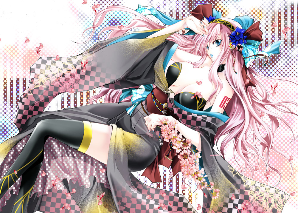 blue_lipstick, breasts, cleavage, coco_(eccentricrouge), flower, hair_flower, hair_ornament, hair_ribbon