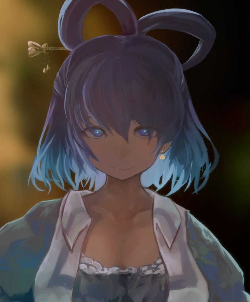 1girl, bangs, blue_dress, blue_eyes, blue_hair, blurry, blurry_background, closed_mouth
