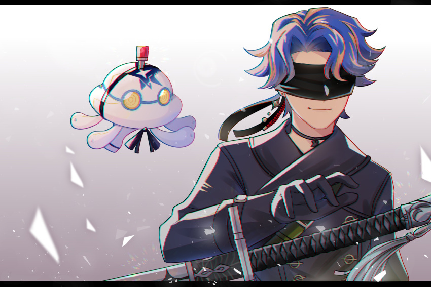 1boy, astel_leda, black_choker, black_gloves, black_jacket, blindfold, blonde_hair, blue_hair, choker, cosplay, earrings, english_commentary, errorll404ll, floating_weapon, gloves, highres, holostars, jacket, jewelry, male_focus, multicolored_hair, nier_(series), nier_automata, open_hand, parted_hair, pod_(nier_automata), pod_(nier_automata)_(cosplay), robot, single_earring, smile, streaked_hair, sword, virtual_youtuber, weapon, yellow_eyes, yorha_no._9_type_s, yorha_no._9_type_s_(cosplay)