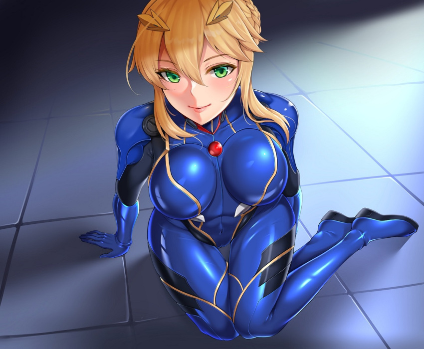 1girl, alternate_costume, artoria_pendragon_(all), artoria_pendragon_(lancer), bangs, blonde_hair, blue_bodysuit, bodysuit, braid, breasts, covered_navel, crown, fate/grand_order, fate_(series), french_braid, green_eyes, hair_between_eyes, large_breasts, matrix16, neon_genesis_evangelion, plugsuit, sidelocks, skin_tight, solo, swept_bangs