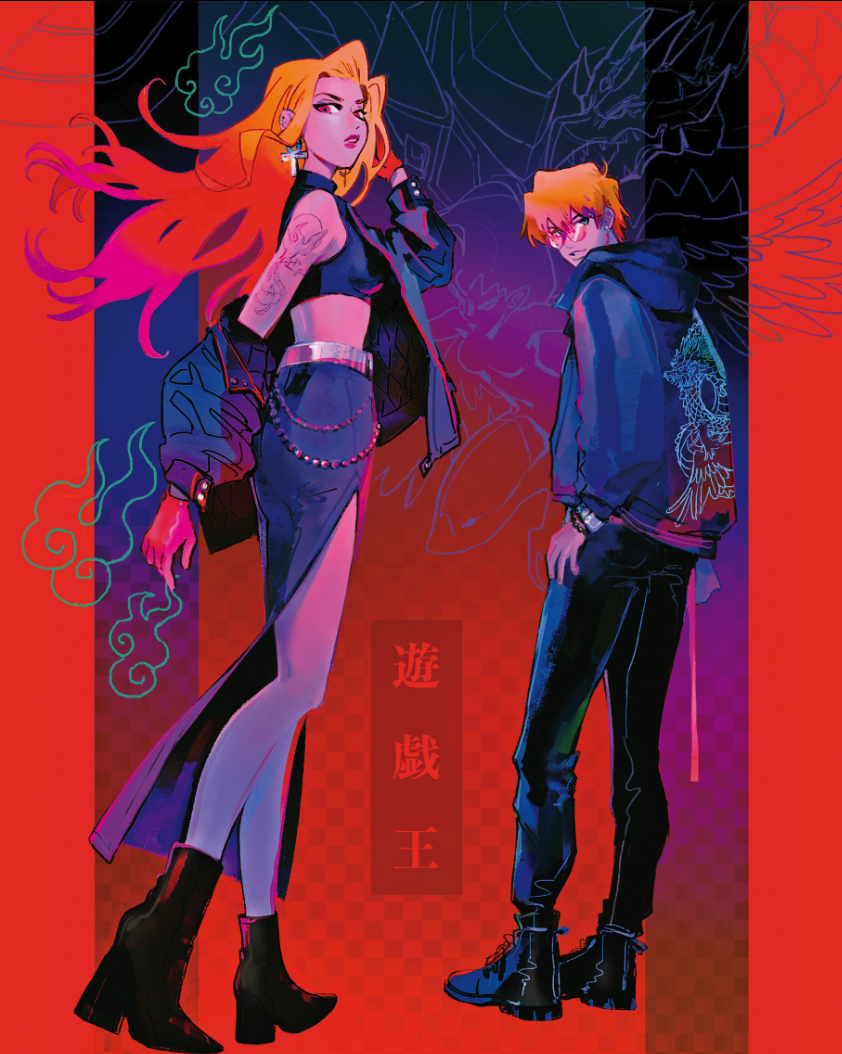 1boy, 1girl, ankh_earrings, black_footwear, blonde_hair, blue_eyes, boots, earrings