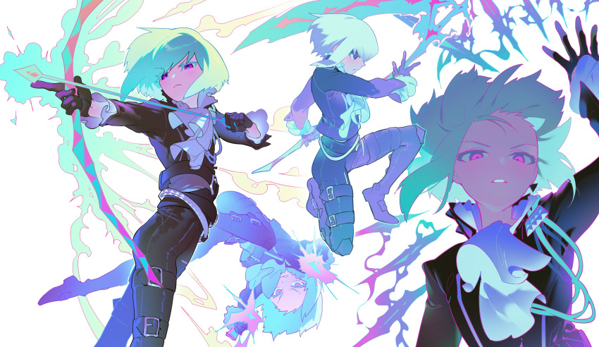1boy, androgynous, biker_clothes, blonde_hair, bow_(weapon), cravat, earrings, fire, gloves, green_fire, green_hair, half_gloves, highres, jacket, jewelry, km_(ksolee1201), lio_fotia, looking_at_viewer, mad_burnish, male_focus, matoi, polearm, promare, purple_fire, pyrokinesis, short_hair, solo, spear, violet_eyes, weapon, white_background