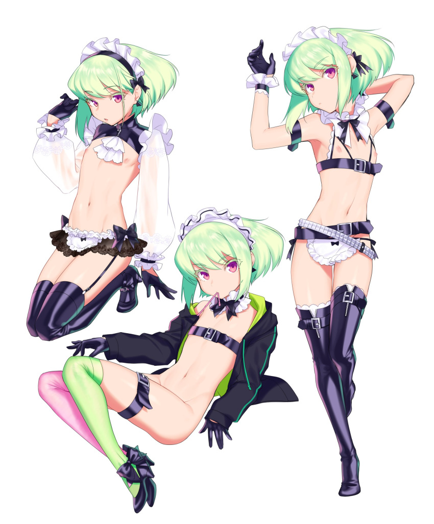 1boy, androgynous, apron, armpits, belt, beltbra, bikini, blonde_hair