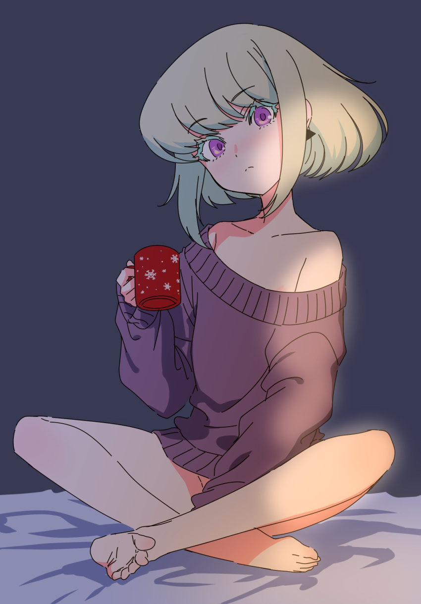 1boy, androgynous, bed, blonde_hair, burrrntlemon, chinese_commentary, commentary_request, contrapposto, cup, dress, earrings, green_hair, highres, jewelry, lio_fotia, looking_at_viewer, male_focus, naked_sweater, otoko_no_ko, promare, short_hair, solo, sweater, sweater_dress, violet_eyes