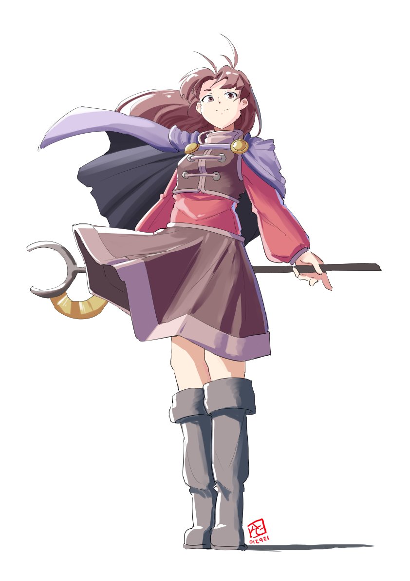 1girl, arms_behind_back, automatic_giraffe, bangs, boots, brown_eyes, brown_hair, brown_skirt