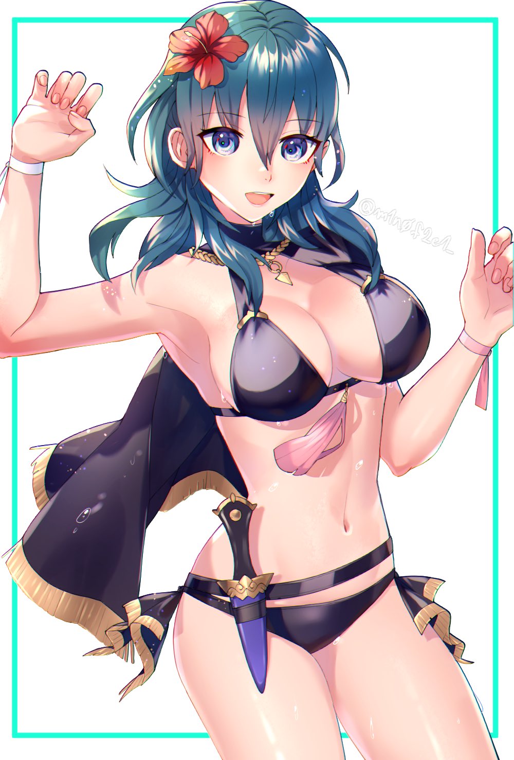 1girl, armpits, bikini, blue_eyes, blue_hair, breasts, byleth_(female)_(fire_emblem), byleth_(fire_emblem)