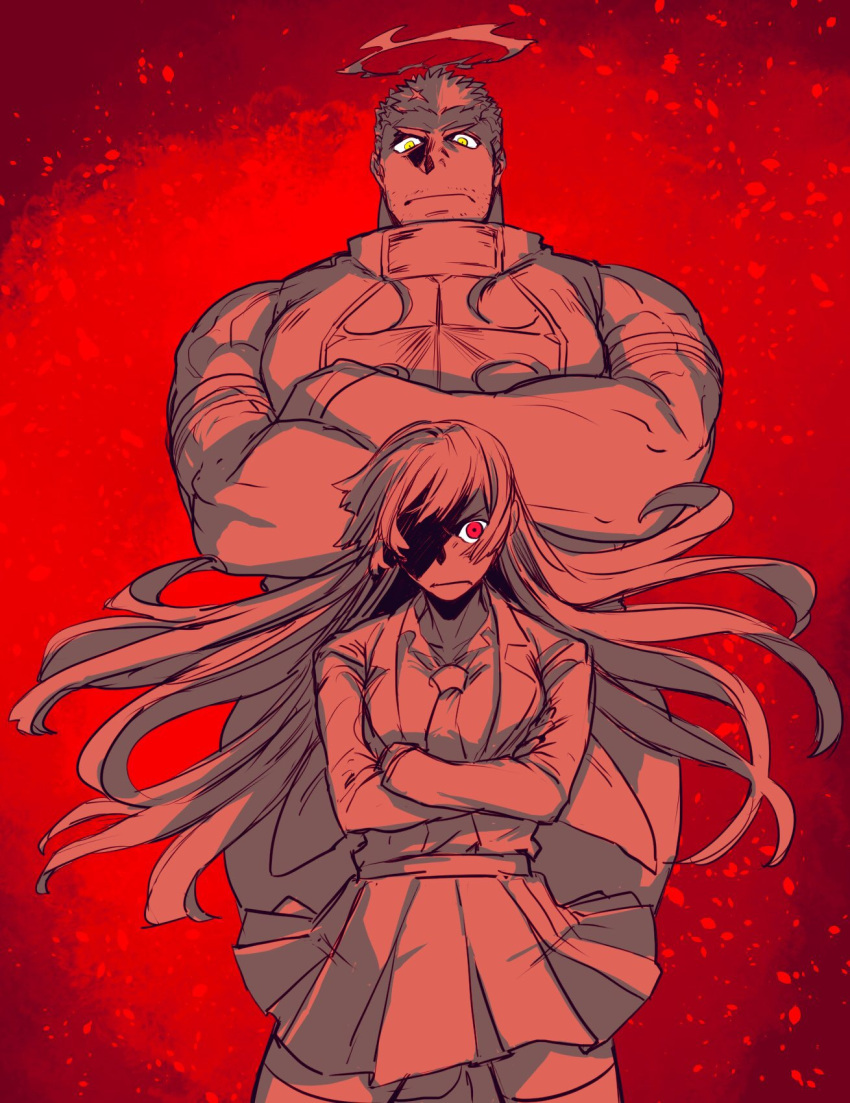 1boy, 1girl, armor, breastplate, breasts, crossed_arms, facial_hair, frown, halo, highres, hip_vent, long_hair, looking_at_viewer, master_2_(tokyo_houkago_summoners), muscular, muscular_male, pectorals, pleated_skirt, red_eyes, red_theme, short_hair, size_difference, skirt, spot_color, stubble, tokyo_houkago_summoners, yellow_eyes, zabaniya_(tokyo_houkago_summoners), zabaniyan