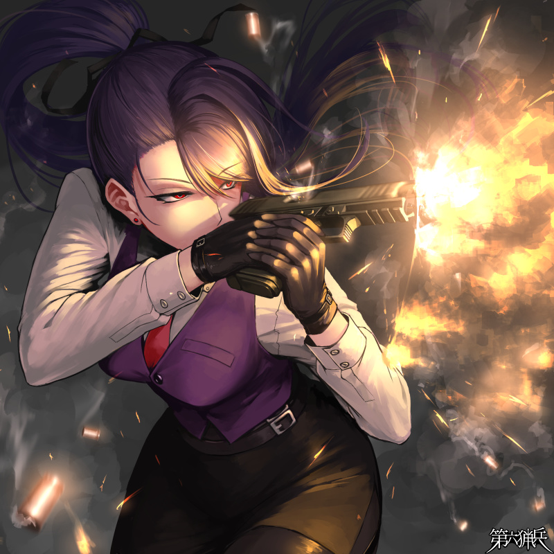1girl, belt, black_skirt, cartridge, dairoku_youhei, dark_background, dress_shirt, earrings, eyebrows_visible_through_hair, firing, gloves, gun, hair_ribbon, handgun, hetza_(hellshock), jewelry, long_hair, misty_midnight, necktie, pantyhose, pistol, ponytail, purple_hair, purple_vest, red_eyes, ribbon, shirt, skirt, smoke, solo, stud_earrings, vest, weapon, white_shirt