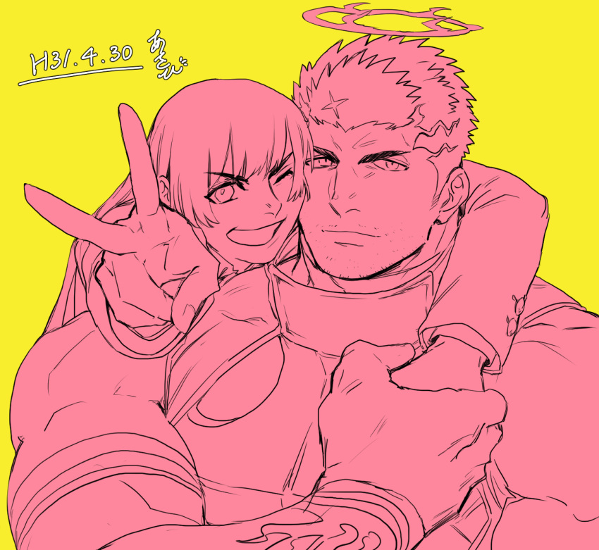 1boy, 1girl, armor, black_bodysuit, black_hair, bodysuit, breastplate, breasts, dated, facial_hair, foreshortening, halo, highres, hip_vent, holding_hands, long_hair, master_2_(tokyo_houkago_summoners), multiple_monochrome, muscular, muscular_male, one_eye_closed, pectorals, short_hair, smile, stubble, tokyo_houkago_summoners, upper_body, v, yellow_background, zabaniya_(tokyo_houkago_summoners), zabaniyan