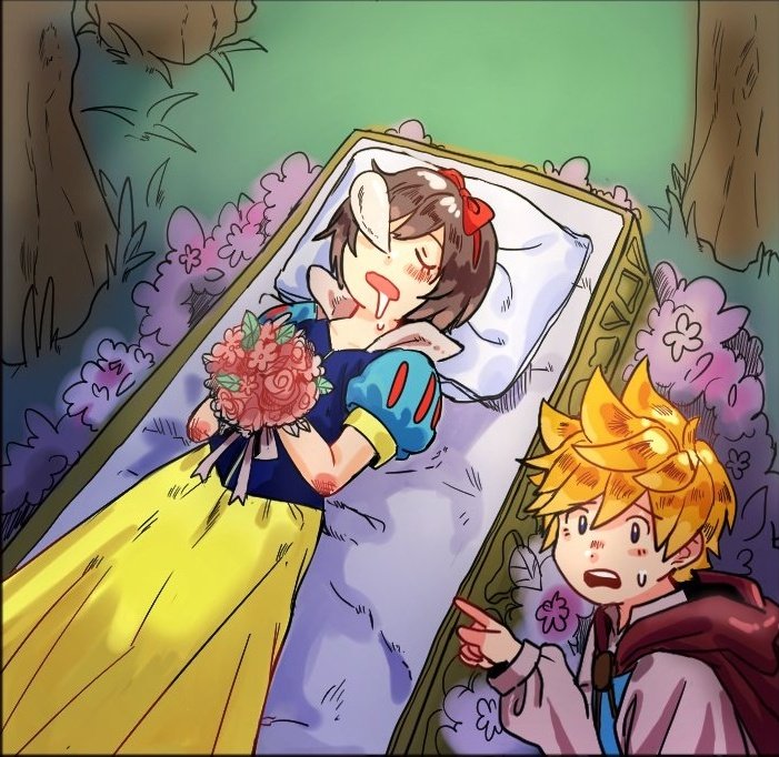 1boy, 1girl, black_hair, blonde_hair, bouquet, bow, cosplay, disney, dress, drooling, flower, hair_bow, kingdom_hearts, kingdom_hearts_358/2_days, nakwanne, nose_bubble, pointing, roxas, sleeping, snow_white_(disney), snow_white_(disney)_(cosplay), snow_white_and_the_seven_dwarfs, snow_white_and_the_seven_dwarfs_(disney), spiky_hair, sweatdrop, the_prince_(disney), the_prince_(disney)_(cosplay), xion_(kingdom_hearts)